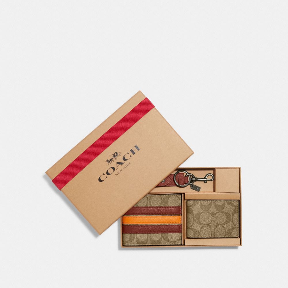 Boxed 3 In 1 Wallet Gift Set In Signature Canvas With Varsity Stripe - CE549 - QB/Khaki/Terracotta Multi