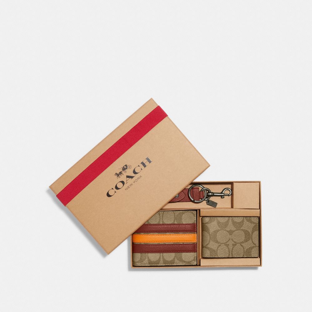 COACH CE549 Boxed 3 In 1 Wallet Gift Set In Signature Canvas With Varsity Stripe QB/Khaki/Terracotta Multi