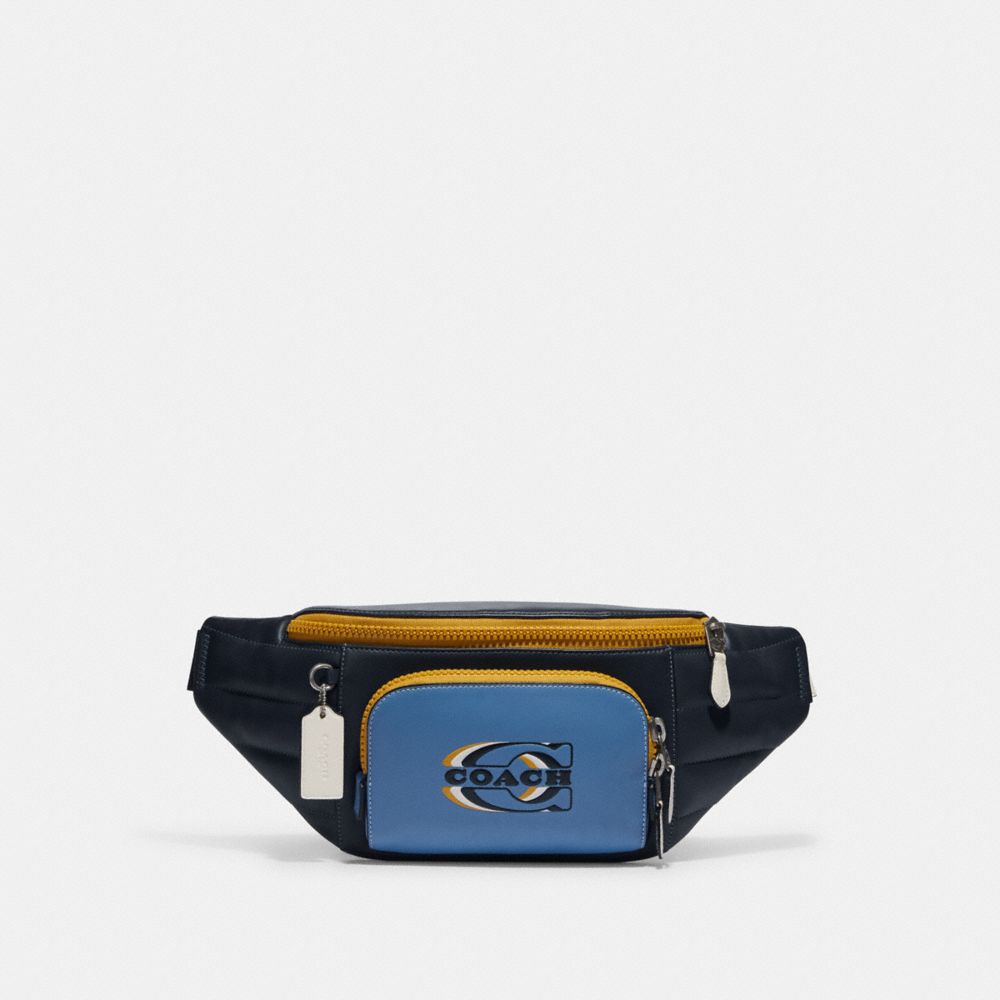 COACH CE552 Track Belt Bag With Quilting And Coach Stamp Black Antique Nickel/Sky Blue/Midnight Multi