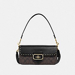 COACH CE563 Morgan Shoulder Bag In Colorblock Signature Canvas With Rivets GOLD/BROWN BLACK MULTI