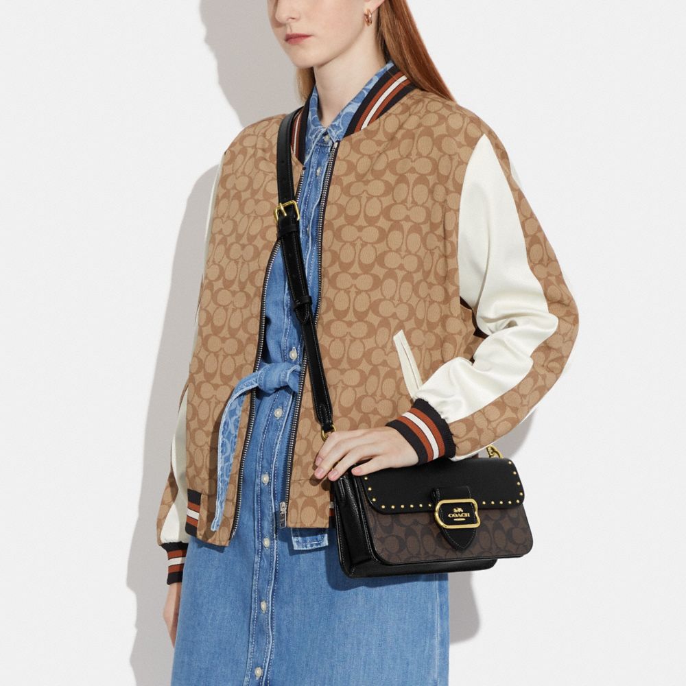 MORGAN SHOULDER BAG IN COLORBLOCK SIGNATURE CANVAS WITH RIVETS