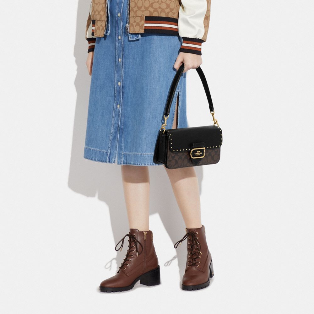 MORGAN SHOULDER BAG IN COLORBLOCK SIGNATURE CANVAS WITH RIVETS