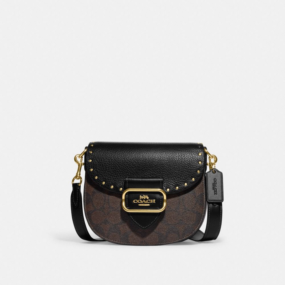 COACH CE567 Morgan Saddle Bag In Colorblock Signature Canvas With Rivets Gold/Brown Black Multi