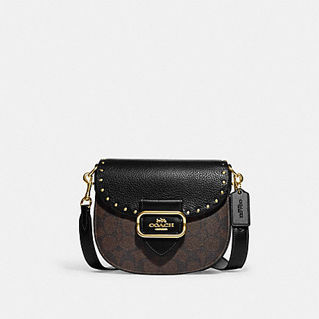 COACH CE567 Morgan Saddle Bag In Colorblock Signature Canvas With Rivets Gold/Brown-Black-Multi