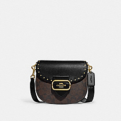 COACH CE567 Morgan Saddle Bag In Colorblock Signature Canvas With Rivets GOLD/BROWN BLACK MULTI