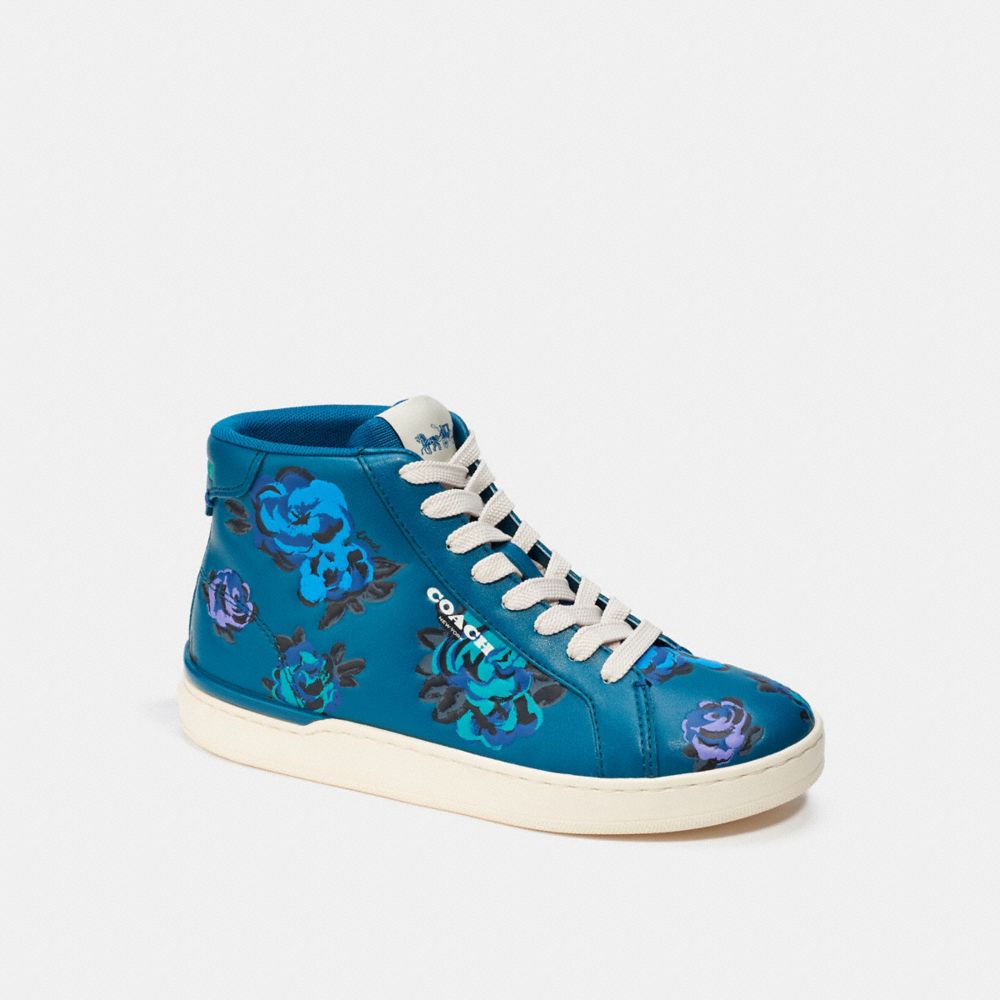 COACH CE582 Clip High Top Sneaker With Floral Print Deep Turquoise