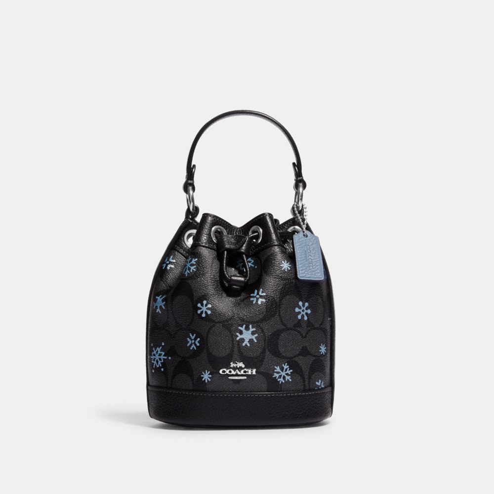 Dempsey Drawstring Bucket Bag 15 In Signature Canvas With Snowflake Print - CE587 - Silver/Graphite/Cornflower Multi