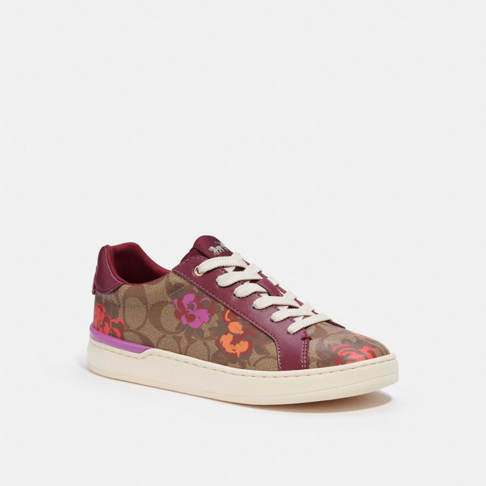 COACH CE588 Clip Low Top Sneaker In Signature Canvas With Floral Print Khaki/ Black Cherry