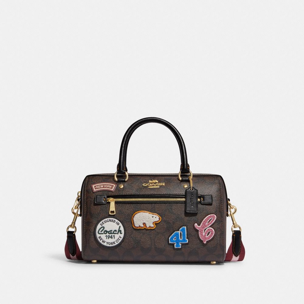 COACH CE592 Rowan Satchel In Signature Canvas With Ski Patches Gold/Brown Black Multi