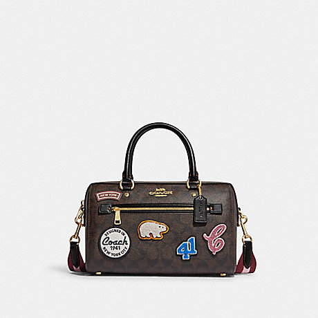 COACH CE592 Rowan Satchel In Signature Canvas With Ski Patches Gold/Brown-Black-Multi