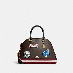 Katy Satchel In Signature Canvas With Ski Patches - CE594 - Gold/Brown Black Multi