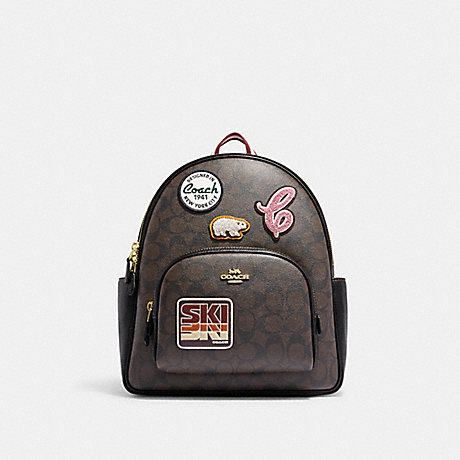 COACH CE595 Court Backpack In Signature Canvas With Ski Patches Gold/Brown-Black-Multi