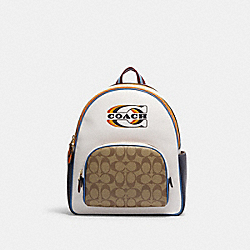 COACH CE596 Court Backpack With Signature Canvas Detail And Coach Stamp GOLD/KHAKI CHALK MULTI