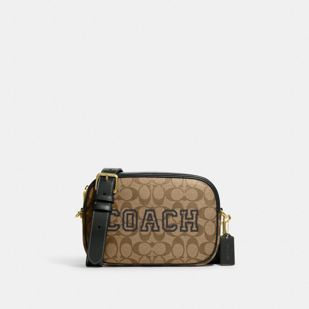 Jamie Camera Bag In Signature Canvas With Varsity Motif - CE599 - Gold/Khaki/Amazon Green