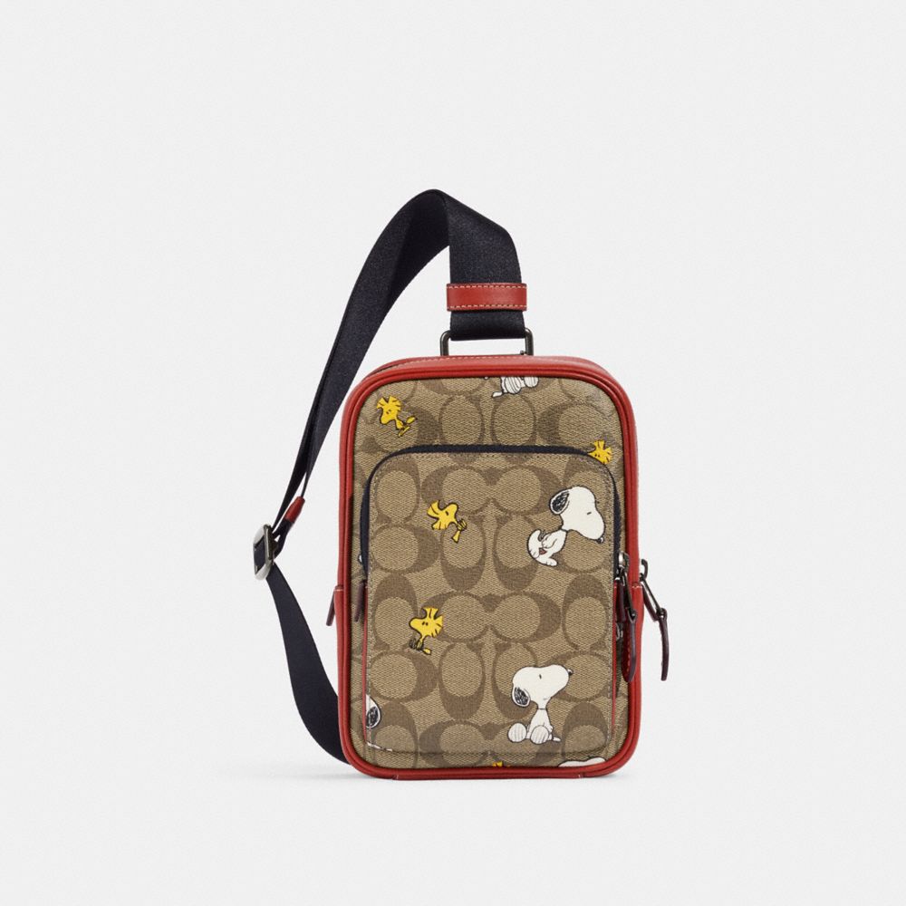 Coach X Peanuts Track Pack 14 In Signature Canvas With Snoopy Woodstock Print - CE600 - Gunmetal/Khaki Multi