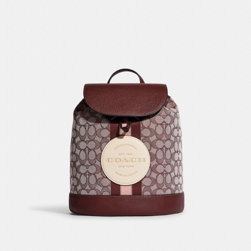 COACH CE601 Dempsey Drawstring Backpack In Signature Jacquard With Coach Patch And Stripe Gold/Wine Multi