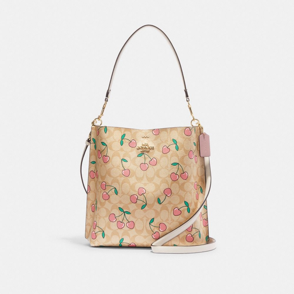 COACH CE611 Mollie Bucket Bag In Signature Canvas With Heart Cherry Print Gold/Light Khaki Multi