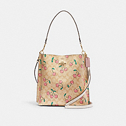 Mollie Bucket Bag In Signature Canvas With Heart Cherry Print - CE611 - Gold/Light Khaki Multi