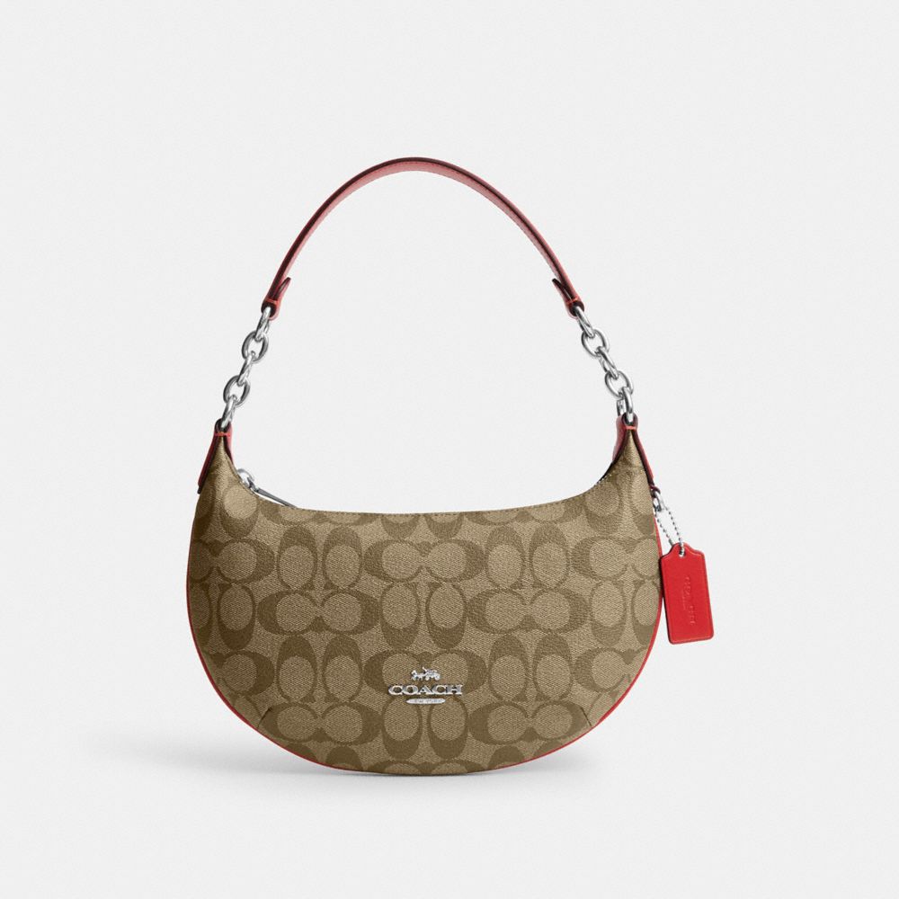 Payton Hobo In Signature Canvas - CE620 - Silver/Khaki/Miami Red