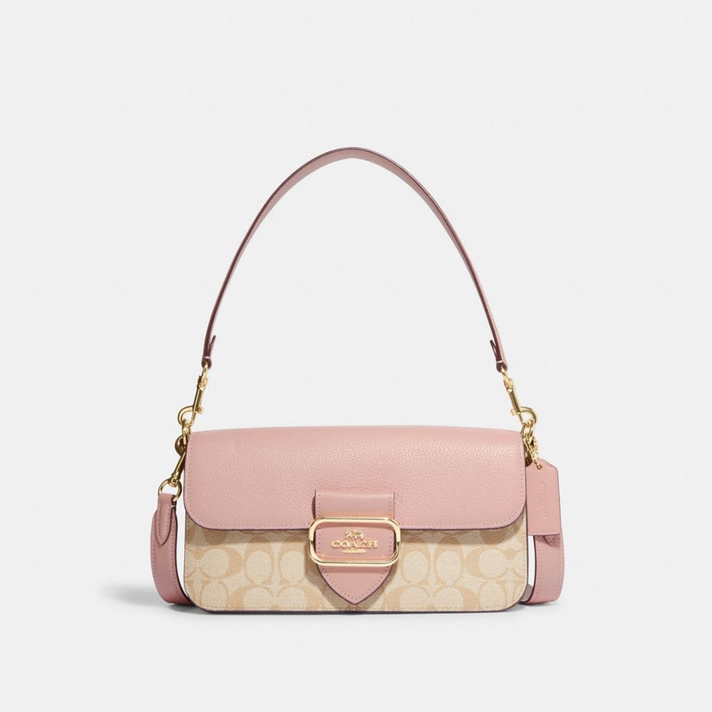 COACH CE621 Morgan Shoulder Bag In Signature Canvas Gold/Lt Khaki/Powder Pink Multi