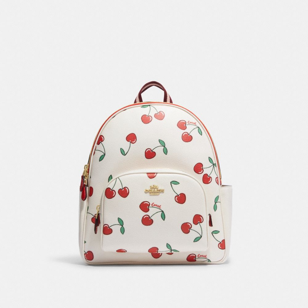 COACH CE628 Court Backpack With Heart Cherry Print Gold/Chalk Multi