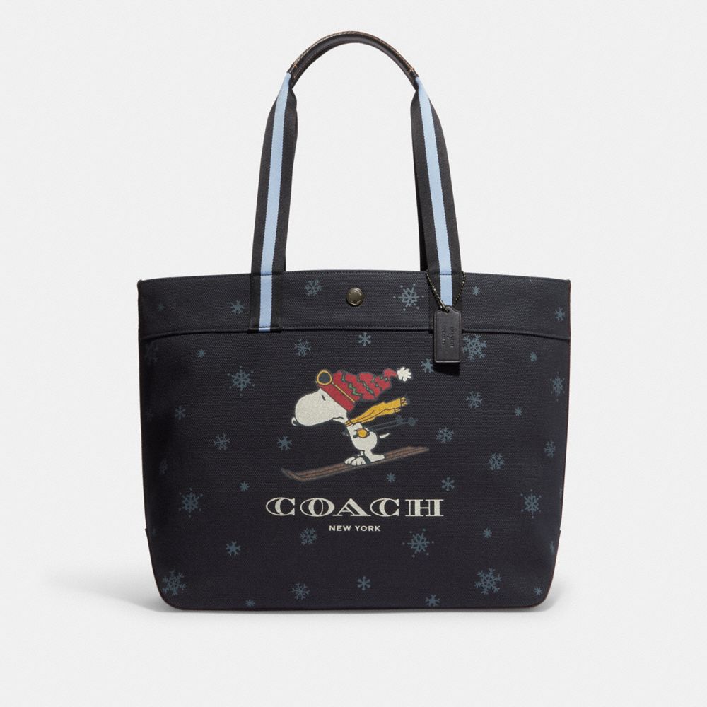 COACH CE632 Coach X Peanuts Tote 38 With Snoopy Ski Motif Gunmetal/Denim Multi