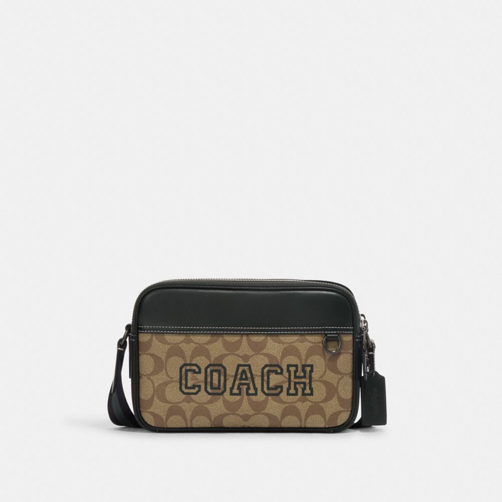 Graham Crossbody In Signature Canvas With Varsity Motif - CE638 - Black Antique Nickel/Khaki/Amazon Green