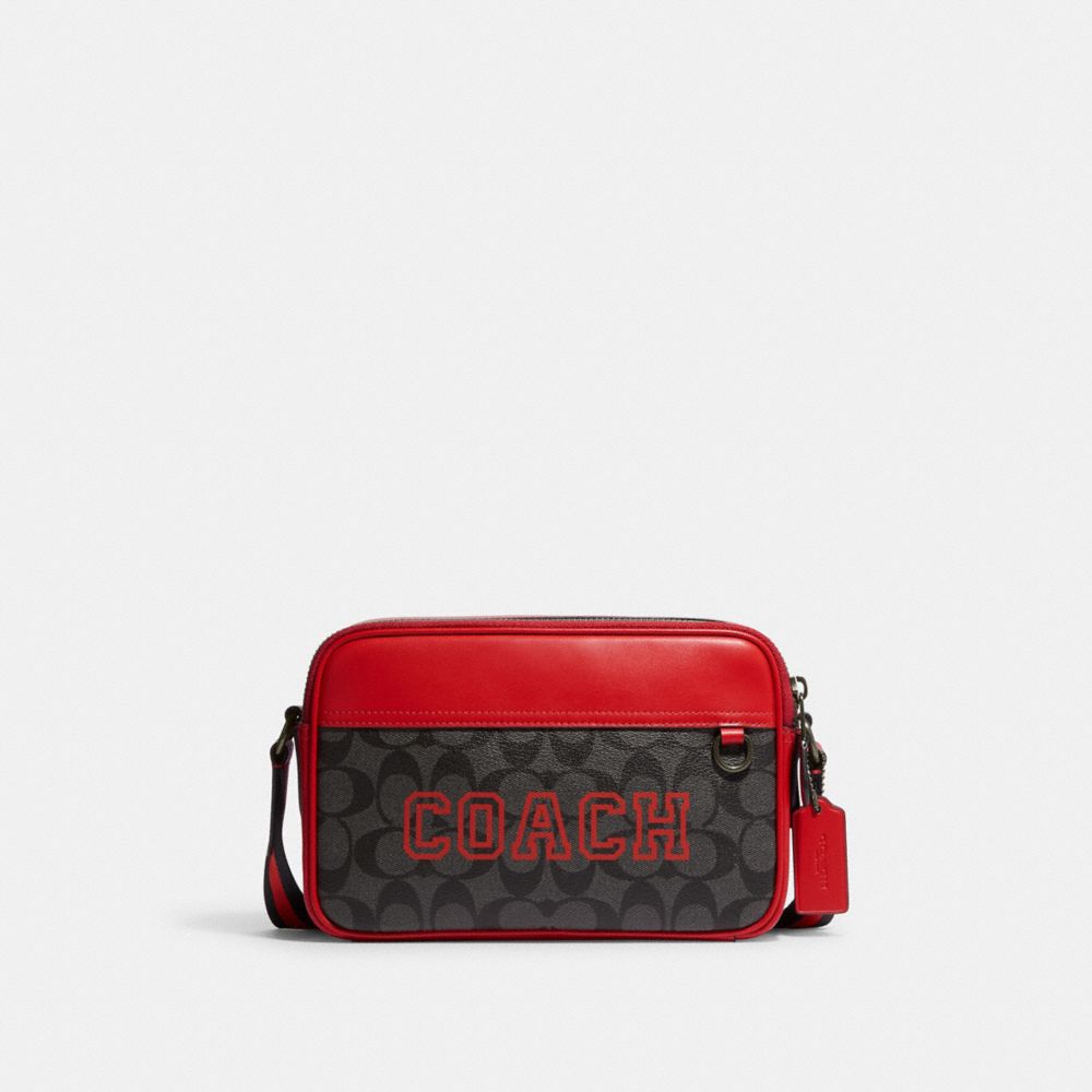 COACH CE638 Graham Crossbody In Signature Canvas With Varsity Motif Black Antique Nickel/Charcoal/Bright Poppy