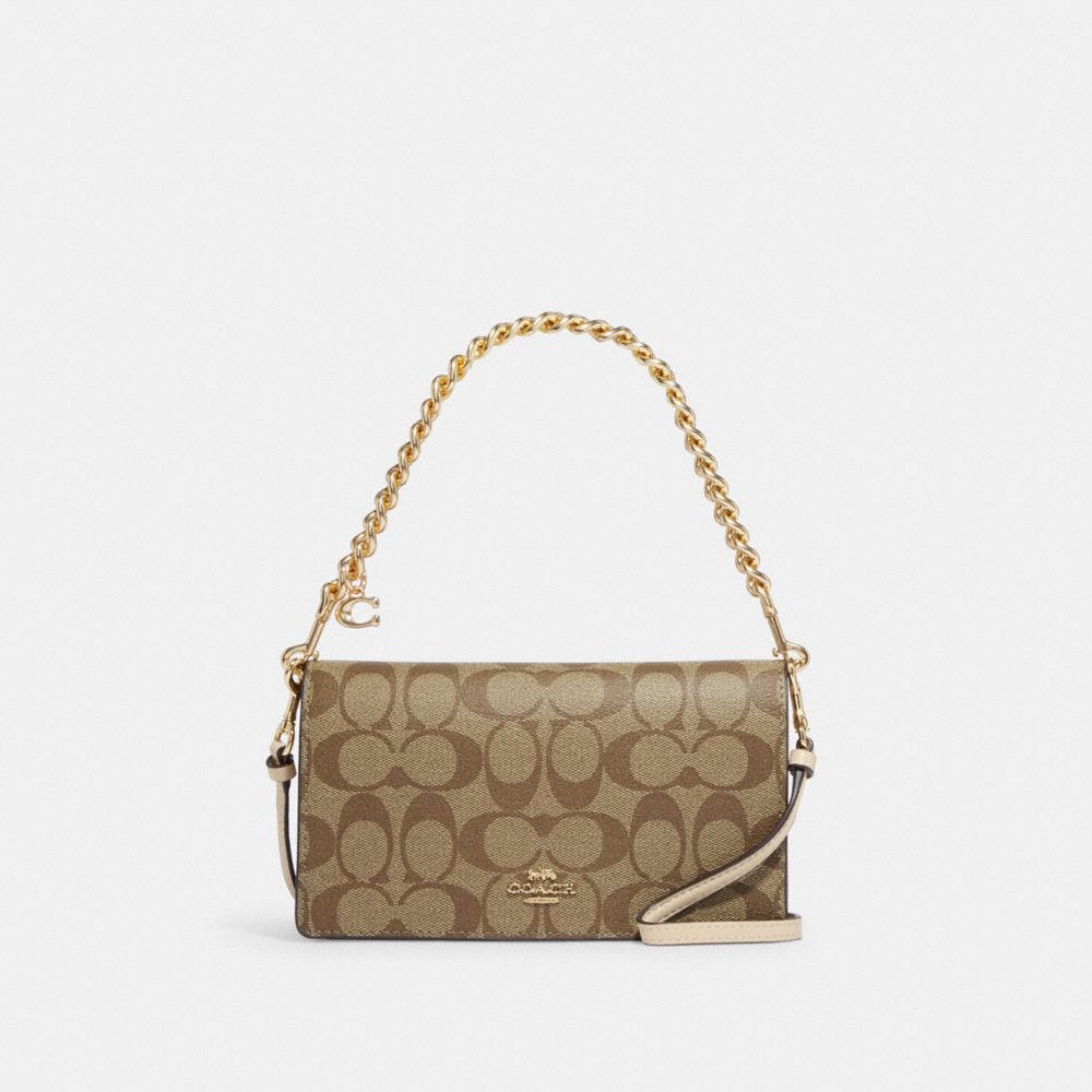 Anna Foldover Clutch Crossbody In Signature Canvas With Chunky Chain - CE642 - IM/Khaki/Ivory