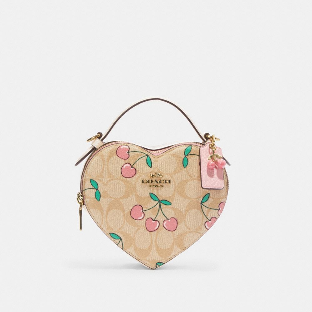 Heart Crossbody In Signature Canvas With Heart Cherry Print - CE653 - Gold/Light Khaki Multi