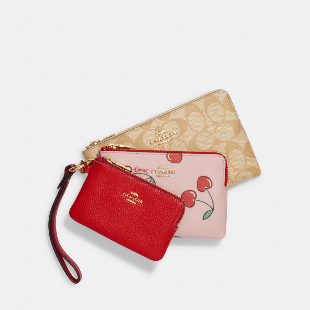 Corner Zip Trio In Signature Canvas And Heart Cherry Print - CE657 - Im/Bright Poppy/Khaki Multi