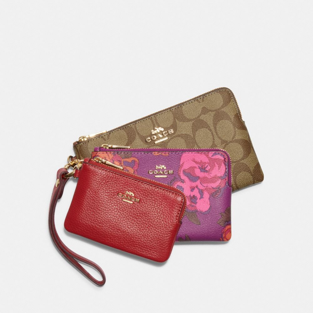 COACH CE658 Corner Zip Wristlet Trio With Signature Canvas And Peony Print IM/Red Apple Multi/Khaki