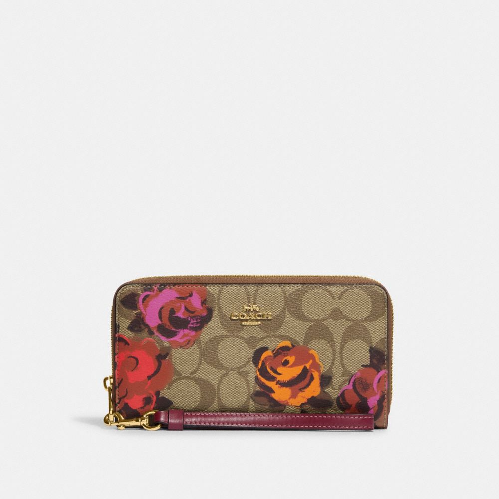 Long Zip Around Wallet In Signature Canvas With Jumbo Floral Print - CE668 - Gold/Khaki Multi