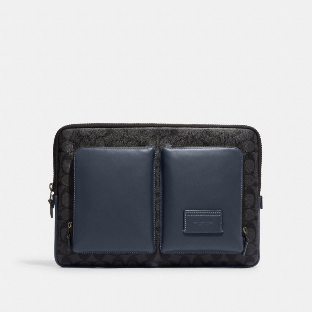 COACH CE701 Utility Laptop Case In Colorblock Signature Canvas Gunmetal/CHARCOAL/DENIM