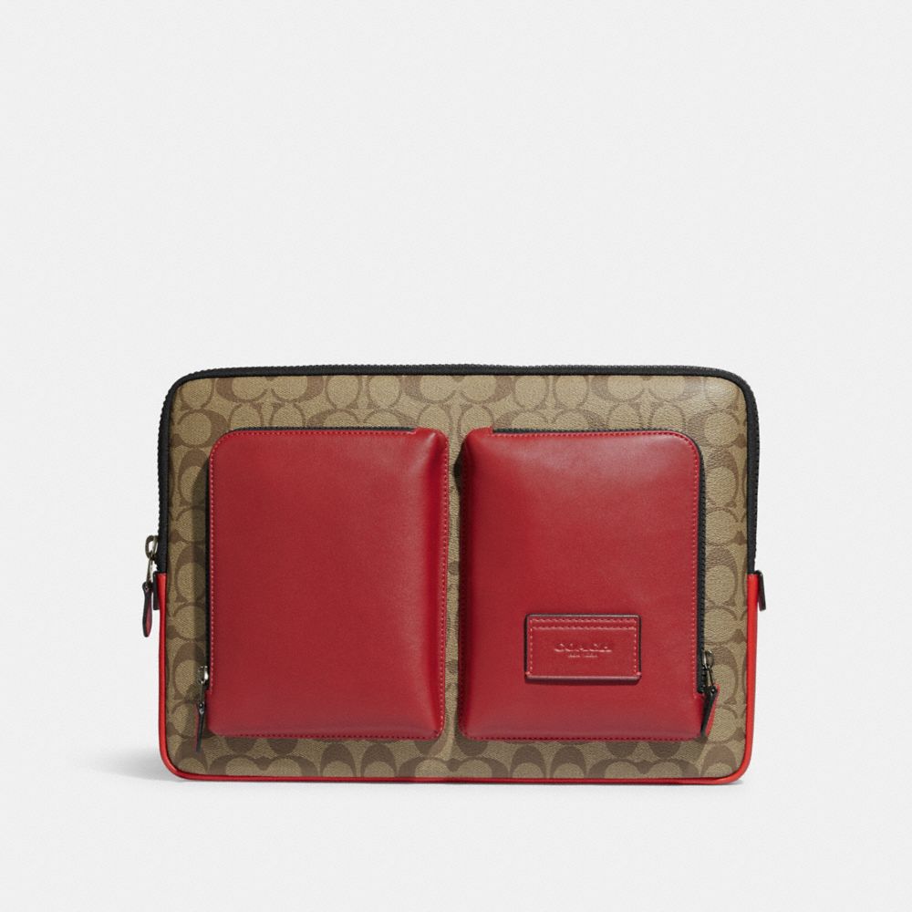 Utility Laptop Case In Colorblock Signature Canvas - CE701 - Black Antique Nickel/Khaki/1941 Red