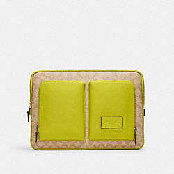 Utility Laptop Case In Colorblock Signature Canvas - CE701 - Black Antique Nickel/Light Khaki/Key Lime