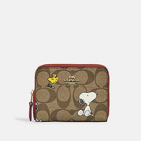 COACH CE704 Coach X Peanuts Small Zip Around Wallet In Signature Canvas With Snoopy Woodstock Print Gold/Khaki/Redwood-Multi