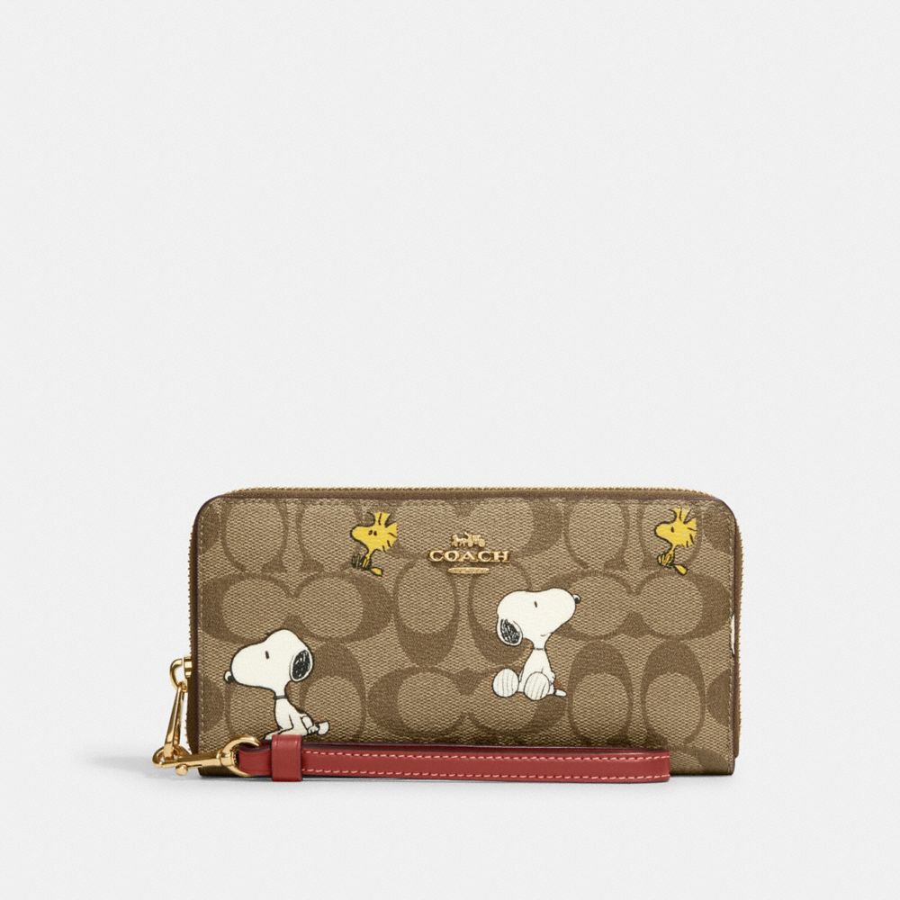 COACH CE705 Coach X Peanuts Long Zip Around Wallet In Signature Canvas With Snoopy Woodstock Print GOLD/KHAKI/REDWOOD MULTI