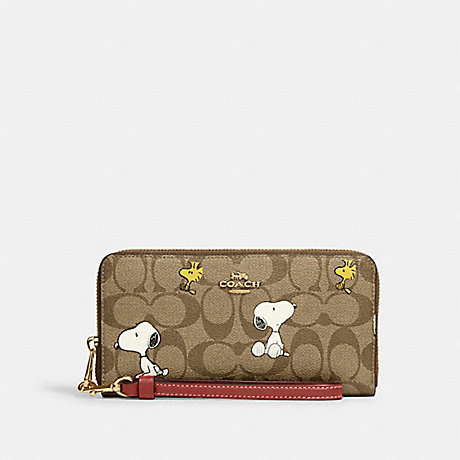 COACH CE705 Coach X Peanuts Long Zip Around Wallet In Signature Canvas With Snoopy Woodstock Print Gold/Khaki/Redwood-Multi