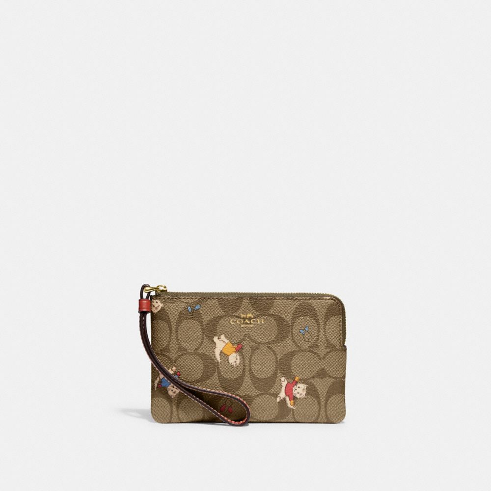 COACH CE706 Corner Zip Wristlet In Signature Canvas With Cat Mittens Print Gold/Khaki Multi