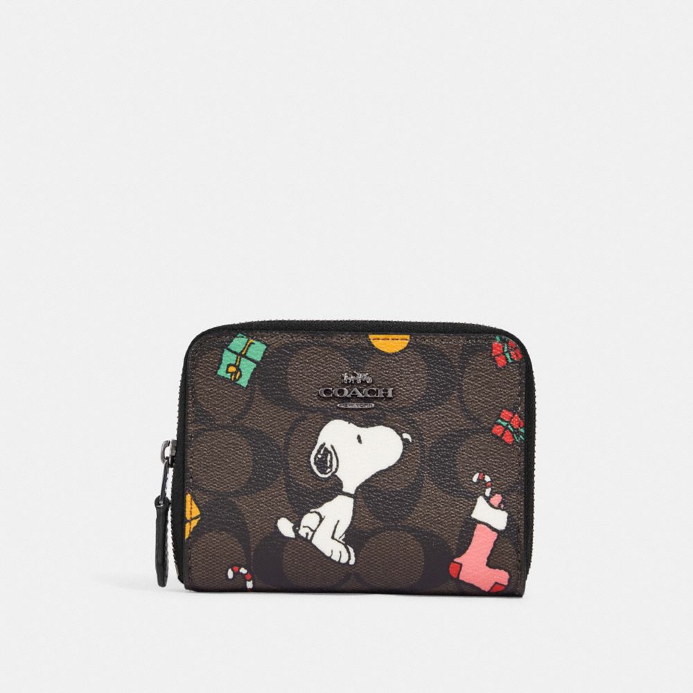 COACH CE708 Coach X Peanuts Small Zip Around Wallet In Signature Canvas With Snoopy Presents Print Gunmetal/Brown Black Multi