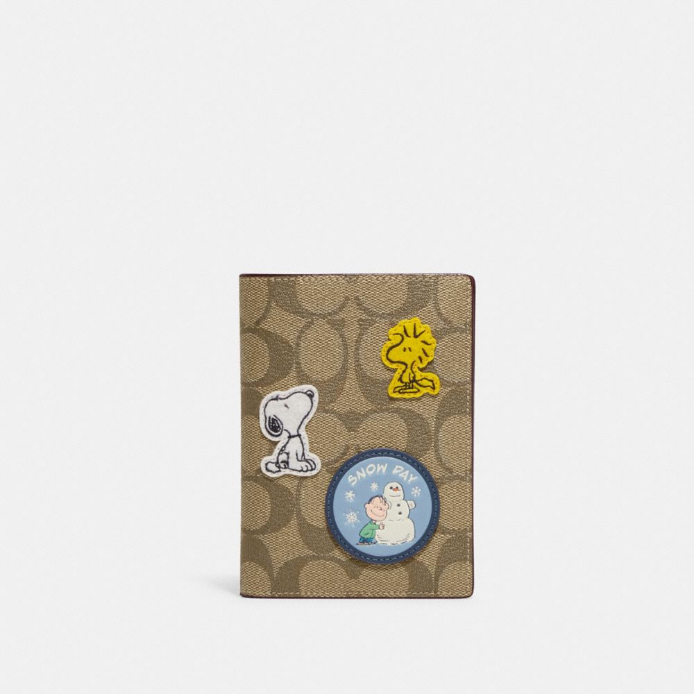 COACH CE711 Coach X Peanuts Passport Case In Signature Canvas With Patches Gunmetal/Khaki Multi