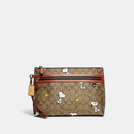 COACH CE712 Coach X Peanuts Carry All Pouch In Signature Canvas With Snoopy Woodstock Print Gunmetal/Khaki Multi