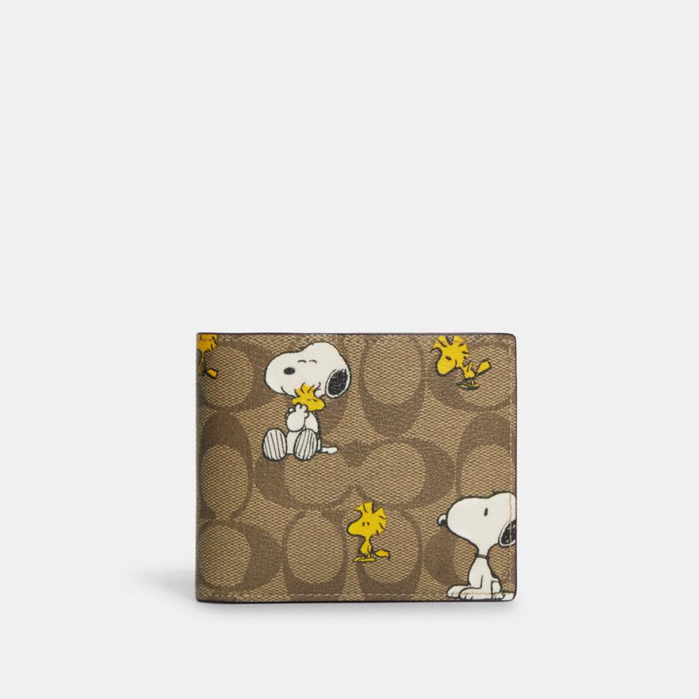 COACH CE714 Coach X Peanuts 3 In 1 Wallet In Signature Canvas With Snoopy Woodstock Print Gunmetal/Khaki Multi