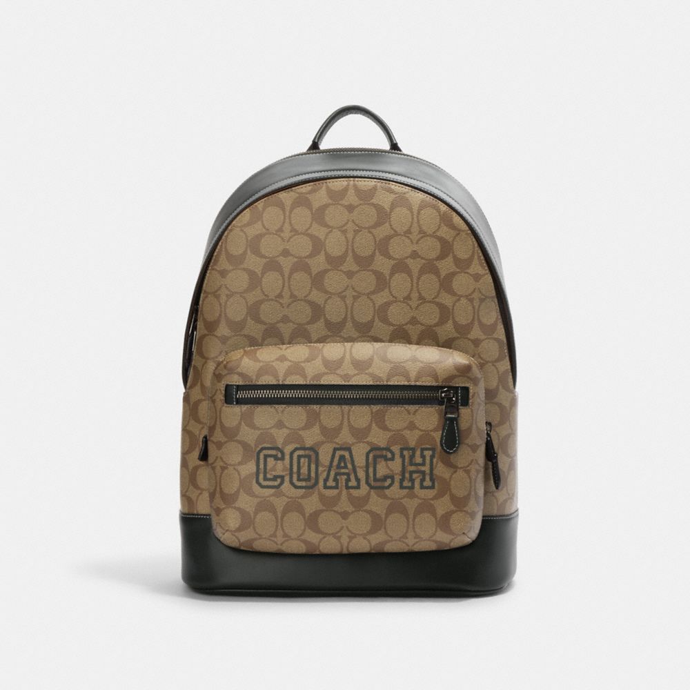 West Backpack In Signature Canvas With Varsity Motif - CE717 - Black Antique Nickel/Khaki/Amazon Green