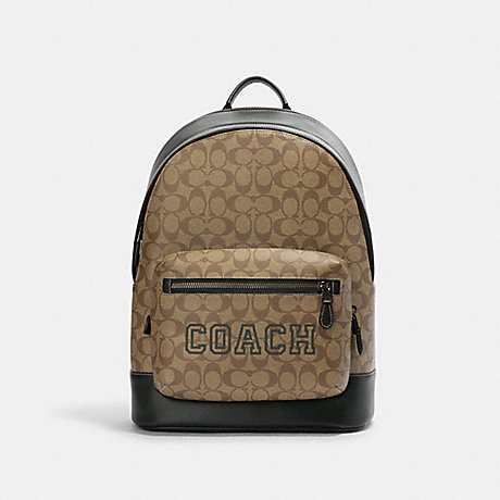 COACH CE717 West Backpack In Signature Canvas With Varsity Motif Black-Antique-Nickel/Khaki/Amazon-Green