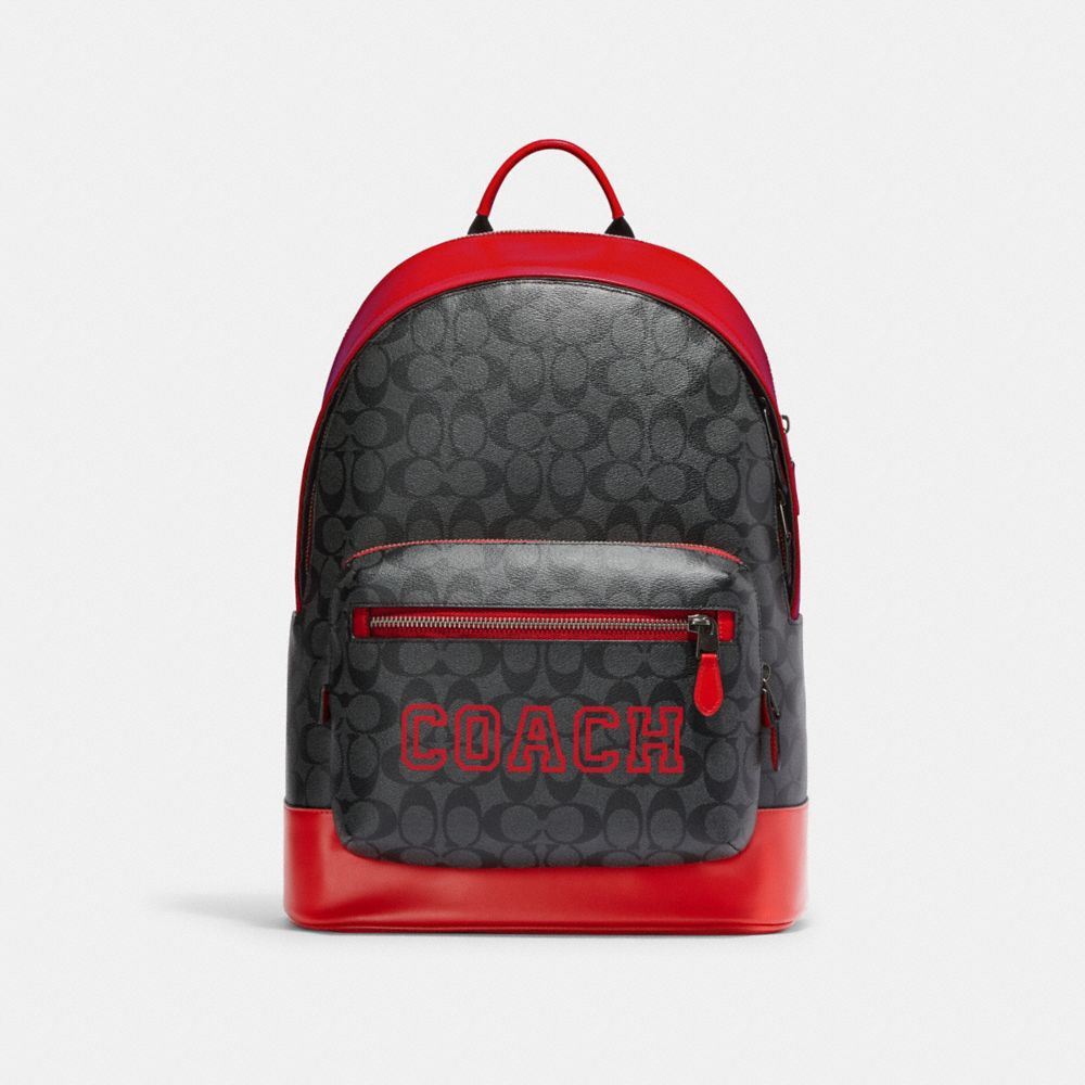 West Backpack In Signature Canvas With Varsity Motif - CE717 - Black Antique Nickel/Charcoal/Bright Poppy