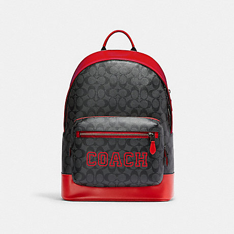 COACH CE717 West Backpack In Signature Canvas With Varsity Motif Black Antique Nickel/Charcoal/Bright Poppy