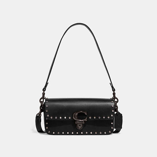CE763 - Studio Baguette Bag With Crystal Rivets Pewter/Black
