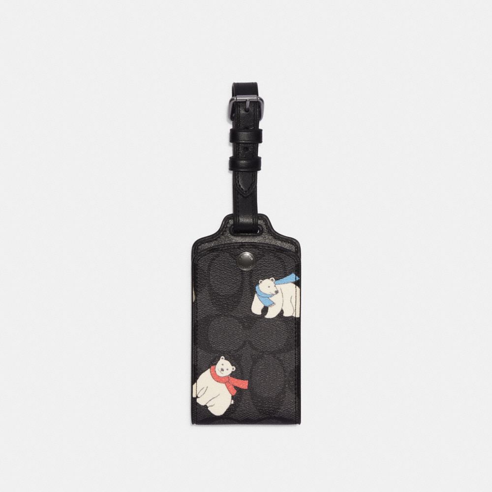 Luggage Tag In Signature Canvas With Polar Bear Print - CE780 - Black Antique Nickel/Charcoal/Ivory Multi